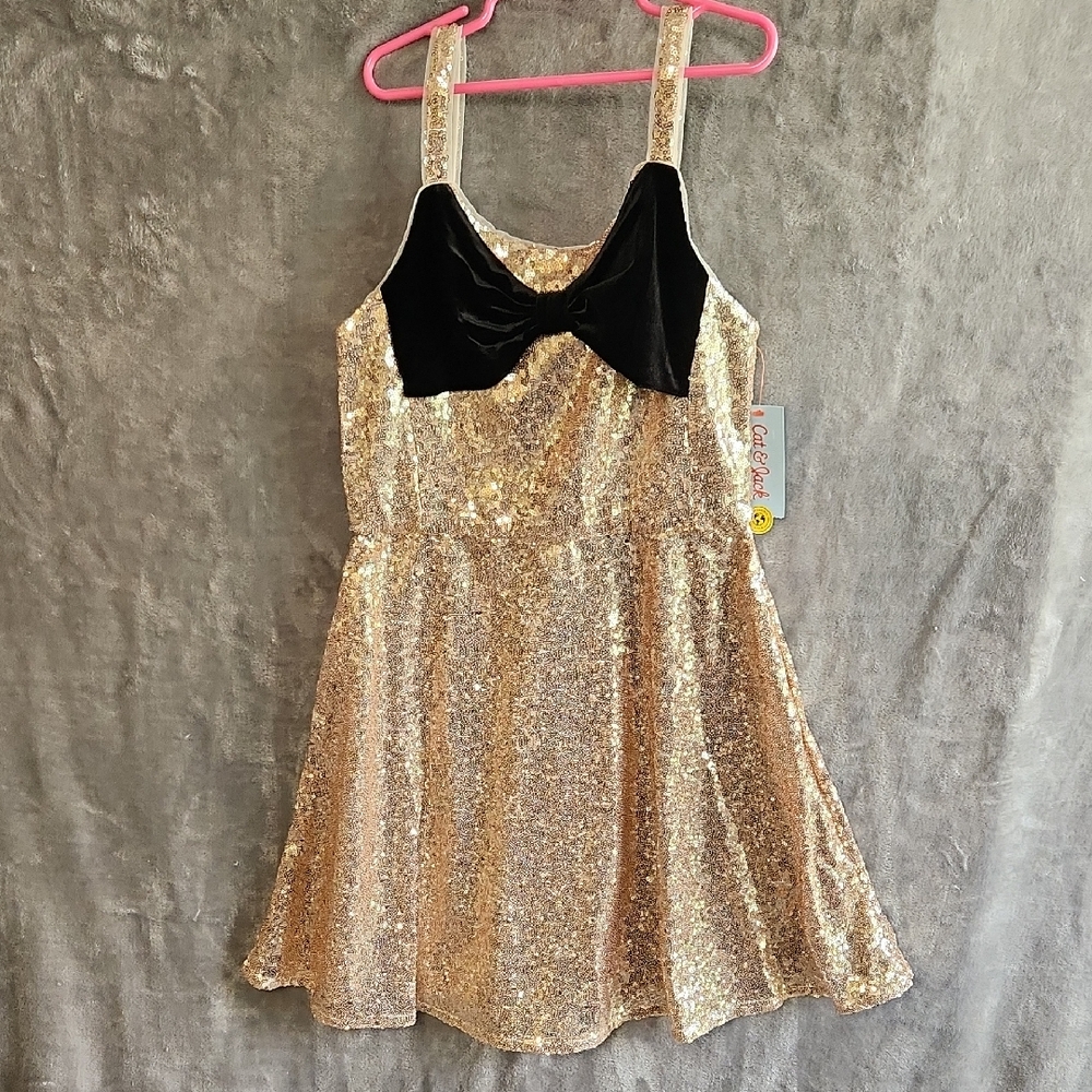 Gold Sequin Dress with Black Bow